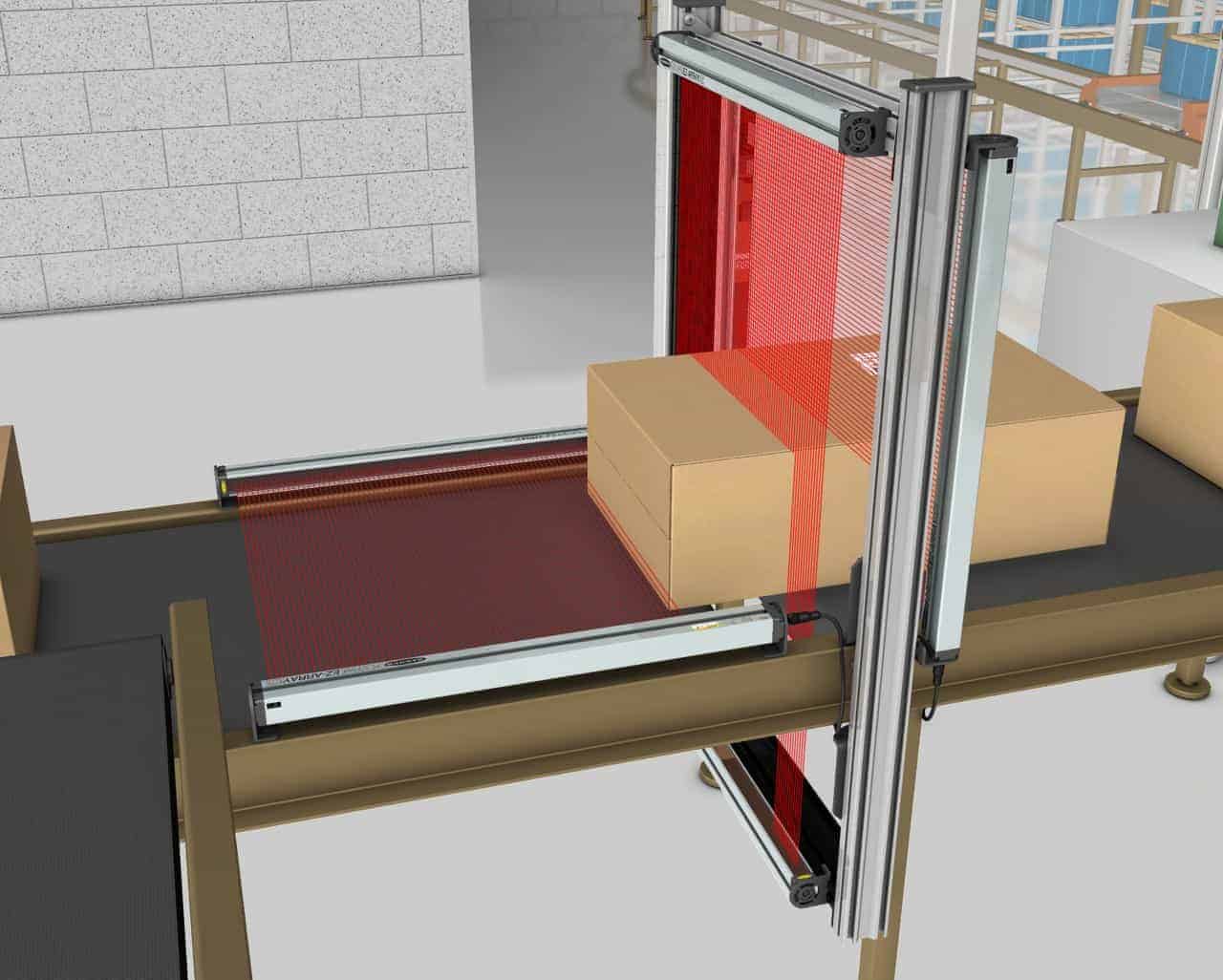 Dimensionamento da Embalagem transportadora, medir embalagem, dimensionar o tamanho, gerenciar espaço, cortina de luz.