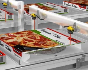 Embalagem alimentos, pizza, sensor QS18, garantia que estejam lacrados corretamente.