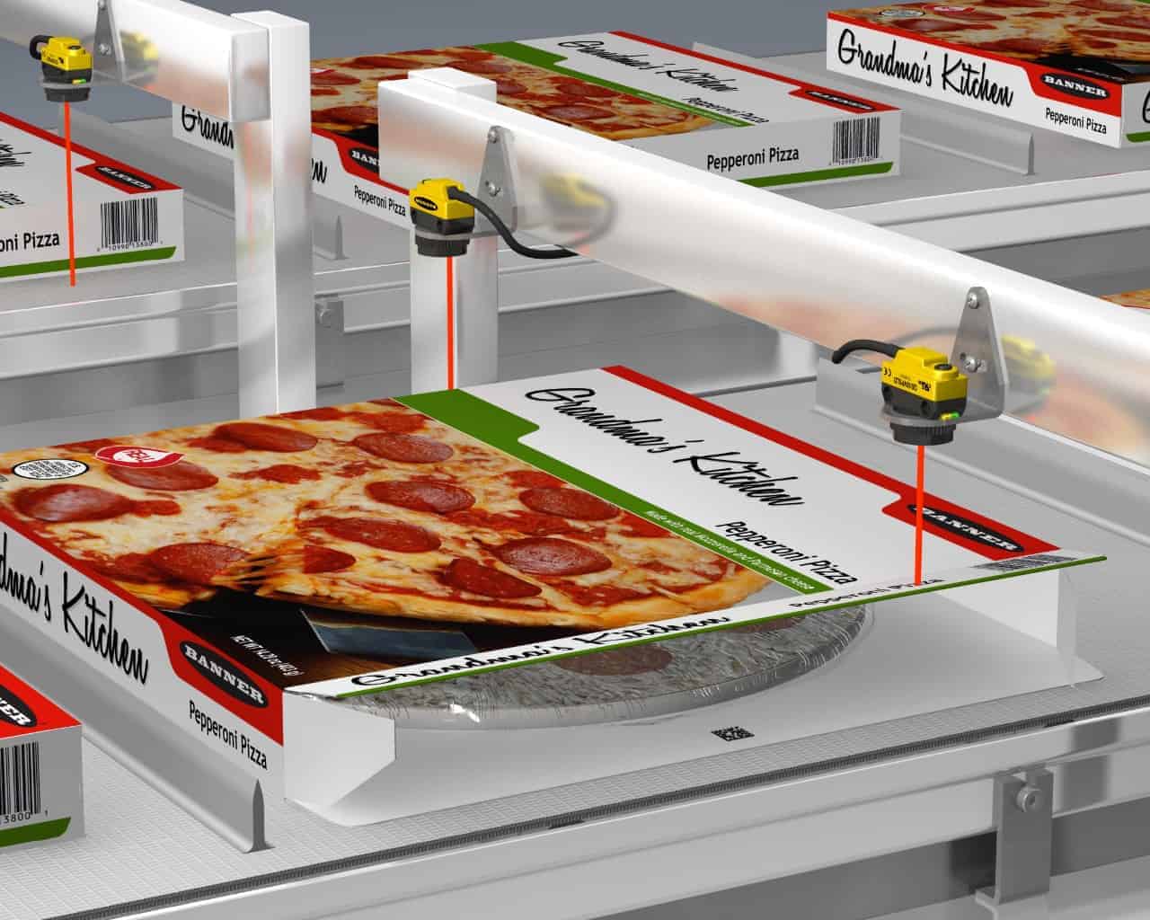 Detecção de abas abertas em embalagens de alimentos Embalagem alimentos, pizza, sensor QS18, garantia que estejam lacrados corretamente.