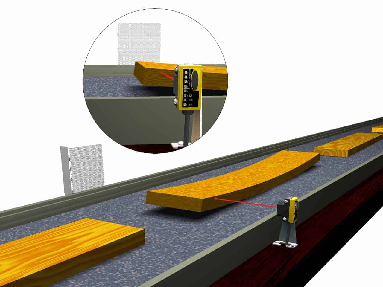 Detecção de tábuas empenadas além de tolerância especificada. sensor laser de alta sensibilidade, tábua emoenada, madeireira, esteira.