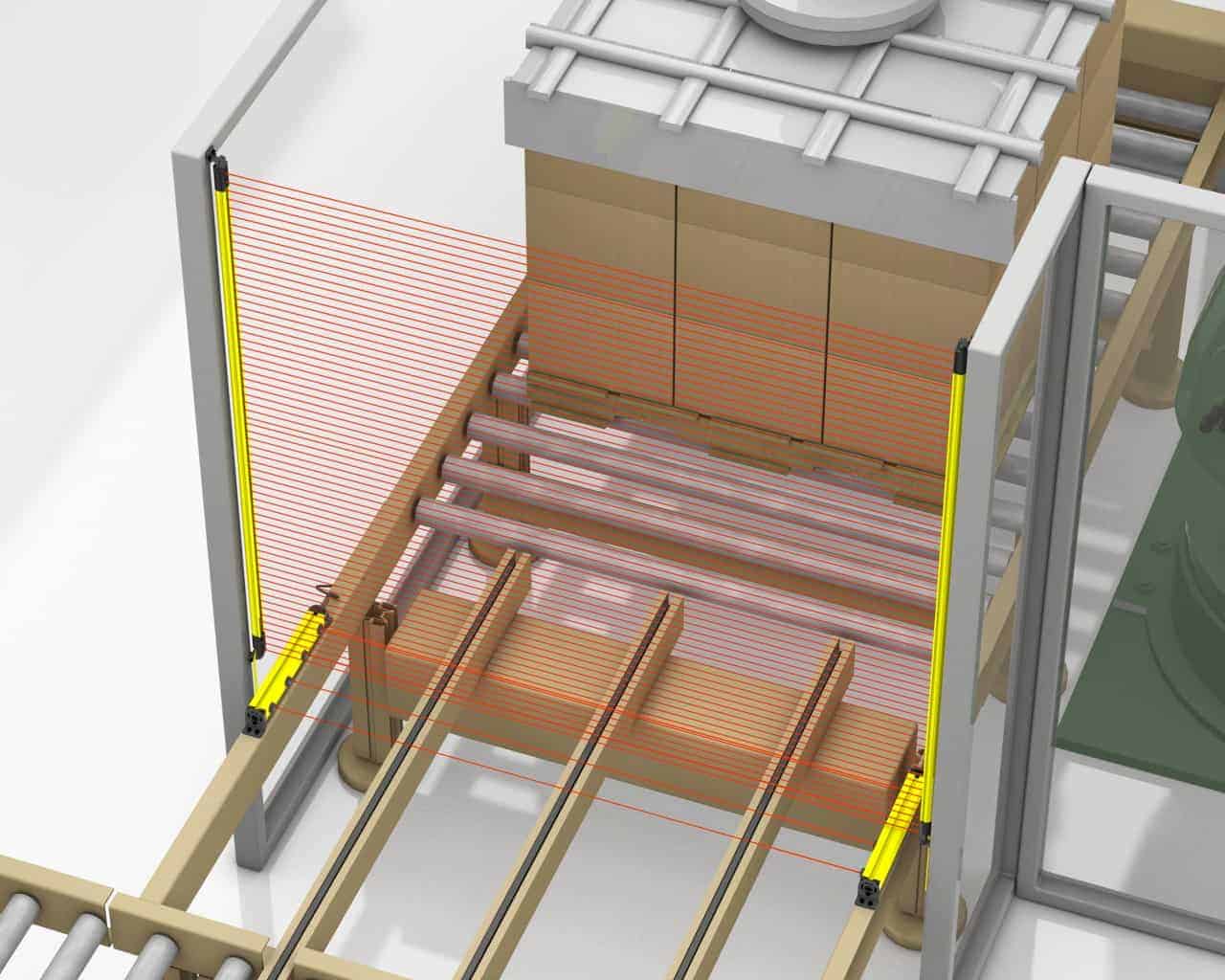 Cortinas de luz de segurança para fluxo contínuo de paletes Proteção de Despaletizador, Muting, Centro de Distribuição, logística, Manter um fluxo contínuo de paletes.